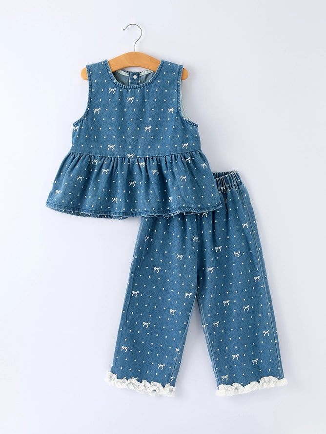 Rylee Faith Designs Spring Bow Dot Denim Ruffle Top and Pants Set 3/4 Pants
