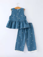Rylee Faith Designs Spring Bow Dot Denim Ruffle Top and Pants Set 3/4 Pants