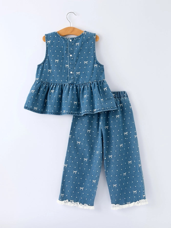 Rylee Faith Designs Spring Bow Dot Denim Ruffle Top and Pants Set 3/4 Pants