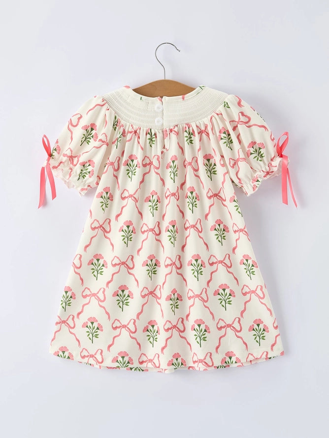 Spring Floral Smocking Embroidery Bow Girls Dress