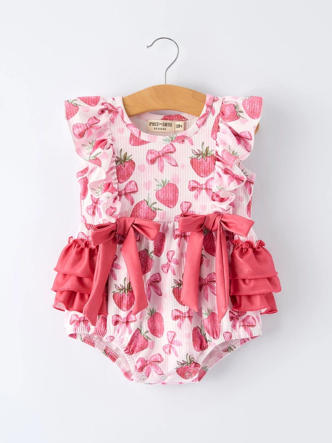 Rylee Faith Designs Summer Strawberry Bow Baby Girl Romper