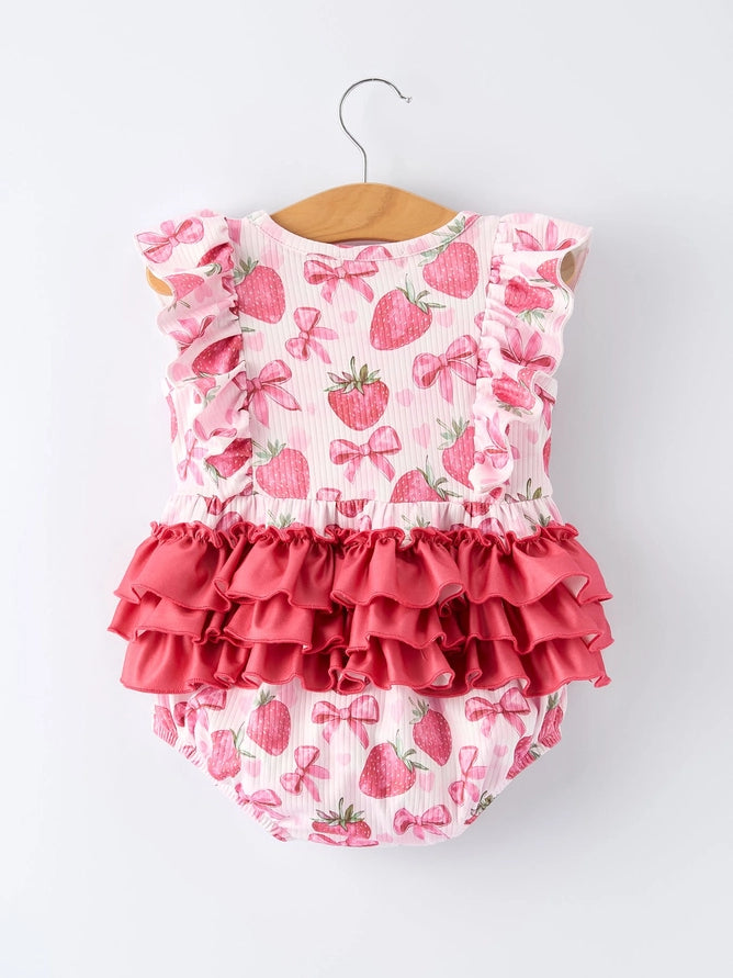 Rylee Faith Designs Summer Strawberry Bow Baby Girl Romper