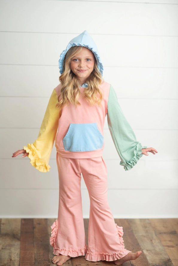 Pastel Color Block Hooded Ruffle Pocket Fall Lounge Set