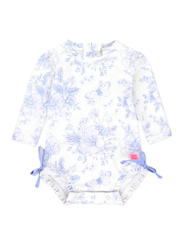 Baby Girls Periwinkle Butterfly Garden Long Sleeve One Piece Rash Guard Swimsuit with Signature Rear Ruffles