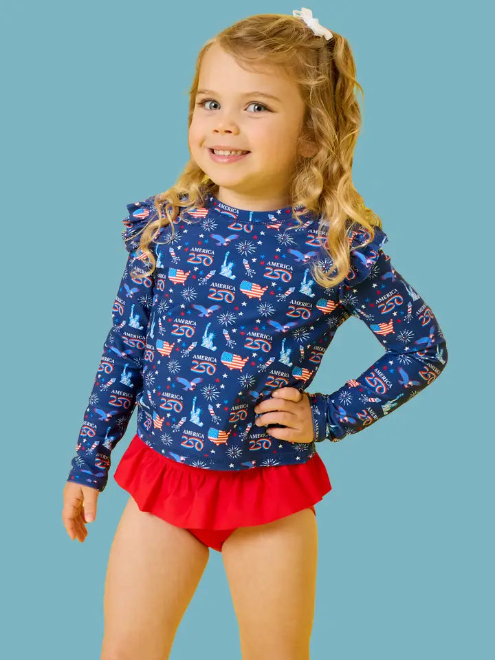 Girls America250® Flutter Long Sleeve Rash Guard Skirted 2-Piece Swimsuit