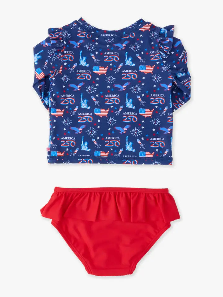 Girls America250® Flutter Long Sleeve Rash Guard Skirted 2-Piece Swimsuit