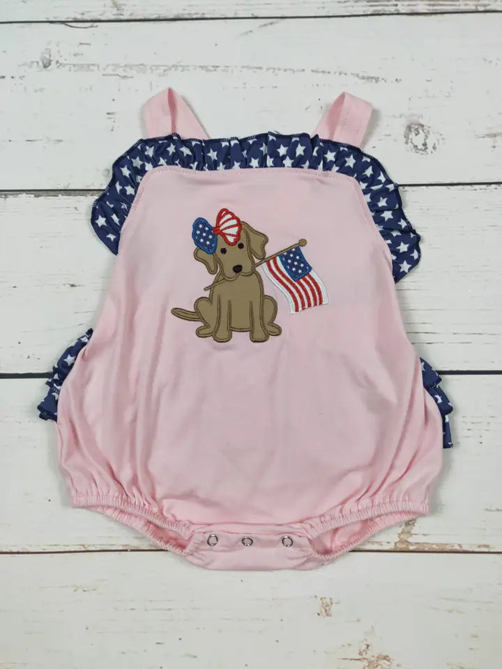 Baby Girl Dog Appliqué Patriotic Bubble