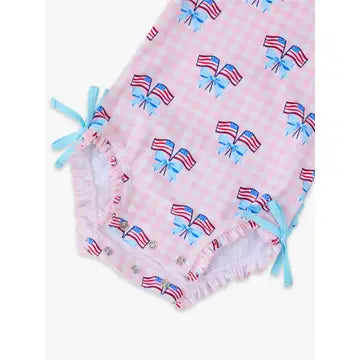 Baby Girls Pink Patriotic Gingham Long Sleeve One Piece Rash Guard Swimsuit with Signature Rear Ruffles