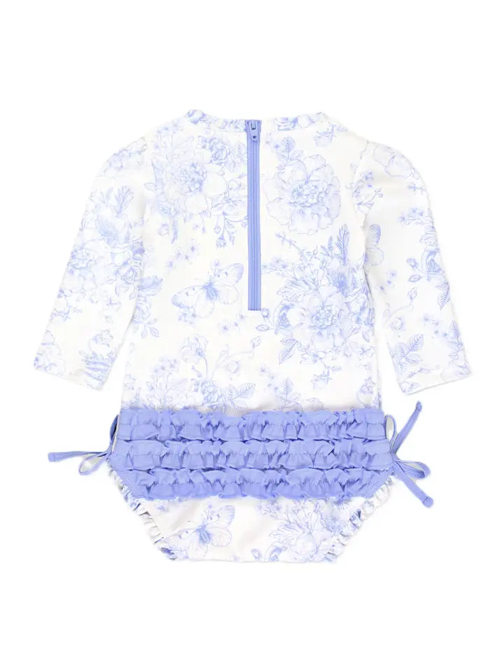 Baby Girls Periwinkle Butterfly Garden Long Sleeve One Piece Rash Guard Swimsuit with Signature Rear Ruffles