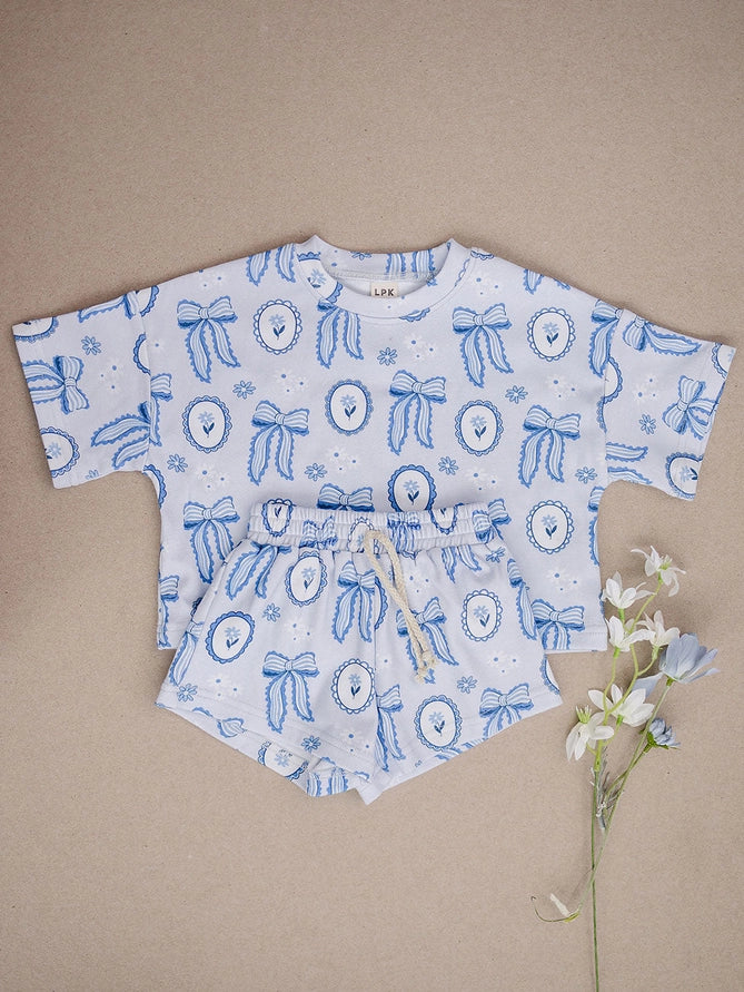 Lucky Panda Shorts Set | Blue Bow