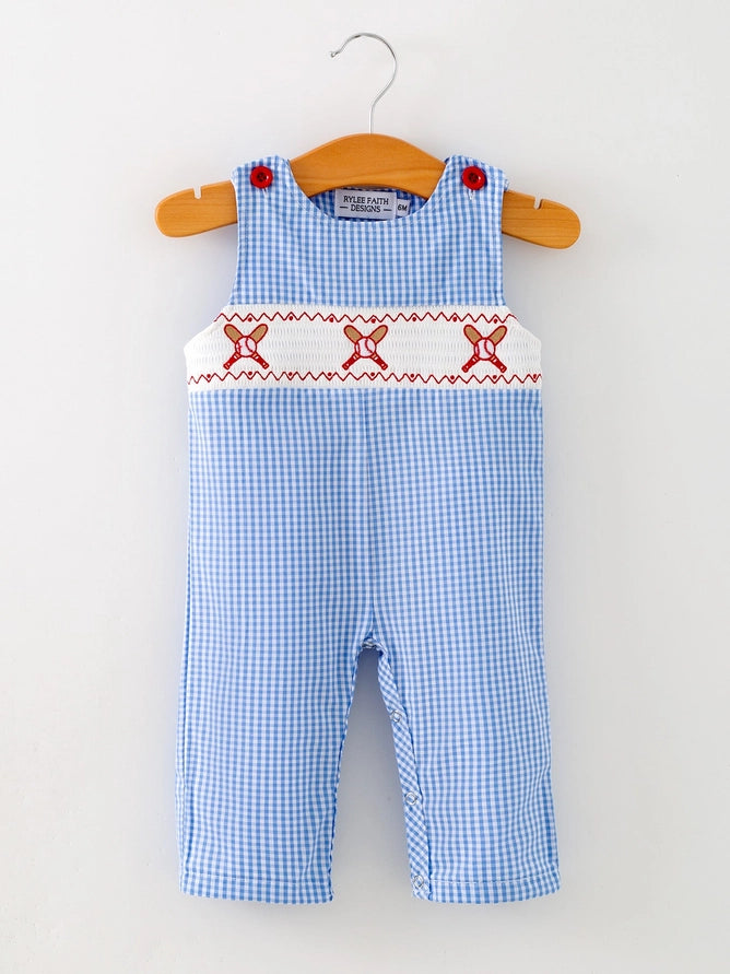 Rylee Faith Baby Boy Baseball Smocked Romper – Blue Plaid Summer Outfit