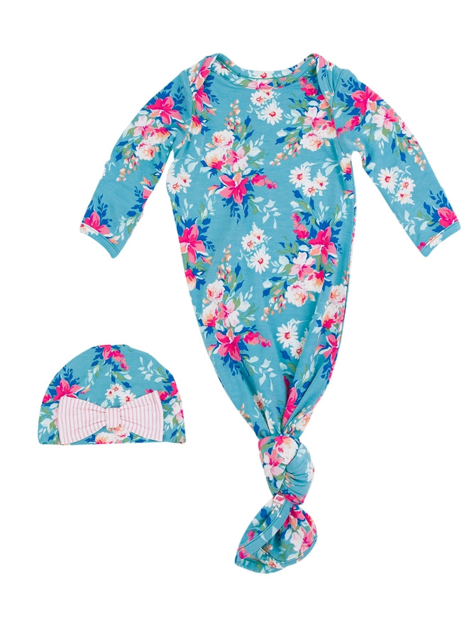 Ruffle Butts Softsnooze™ Baby Girls Bamboo Viscose Fancy Me Floral Ruffle Knotted Sleep Gown & Bow Hat Set