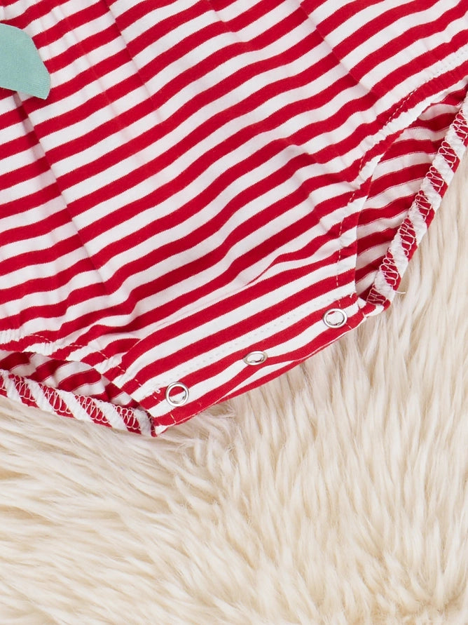Marie Nicole Watermelon Stripes Smocked Cotton Ruffle Bubble Romper