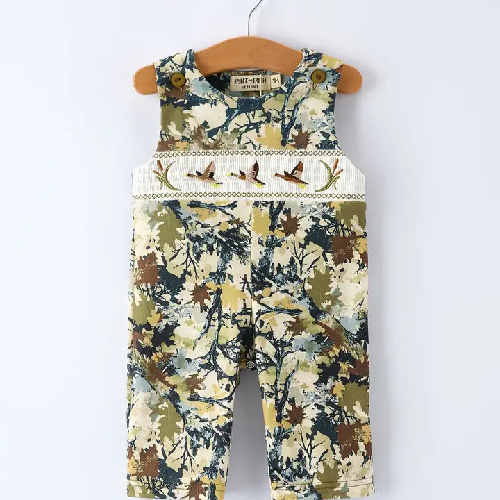 Rylee Faith Camo Duck Smocking Embroidery Baby Boy Romper
