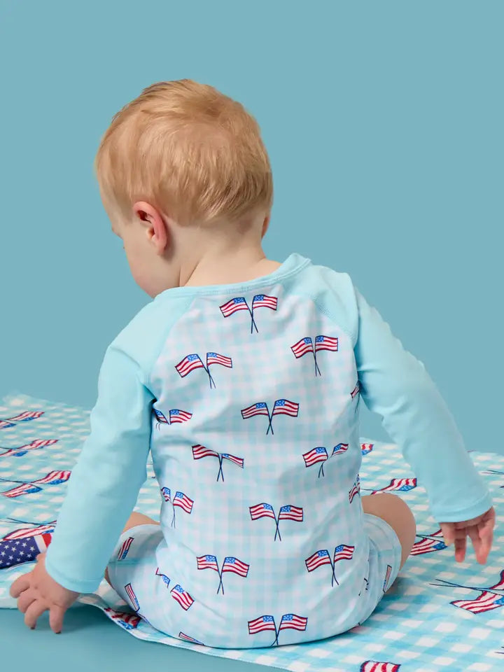 Baby Boys Blue Patriotic Gingham Long Sleeve One Piece Rash Guard Swimsuit