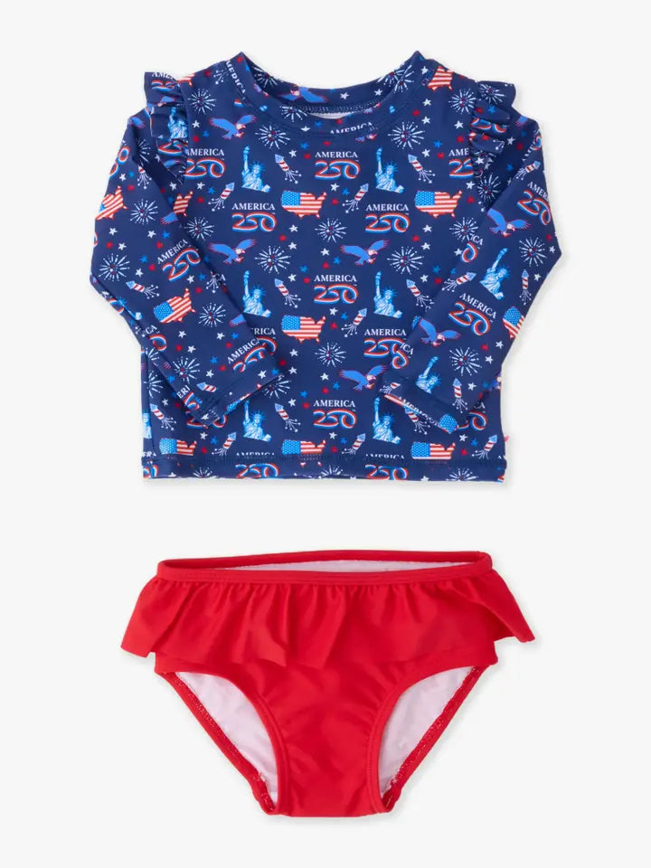 Girls America250® Flutter Long Sleeve Rash Guard Skirted 2-Piece Swimsuit