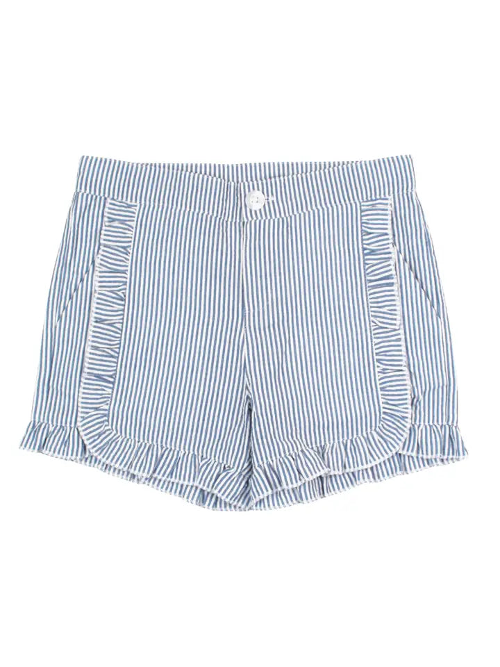 Ruffle Butts Girls Blue Seersucker Ruffle Trim Woven Shorts