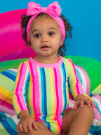 Baby Girls Neon Rainbow Stripe Long Sleeve One Piece Rash Guard Swimsuit with Signature Rear Ruffles