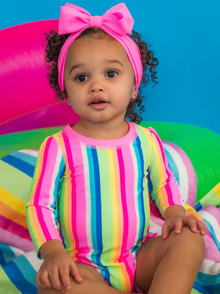 Baby Girls Neon Rainbow Stripe Long Sleeve One Piece Rash Guard Swimsuit with Signature Rear Ruffles