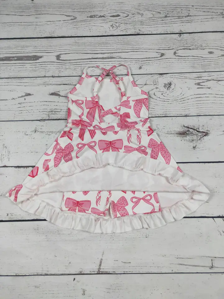Pink Bow Print Girls Athletic Dresses