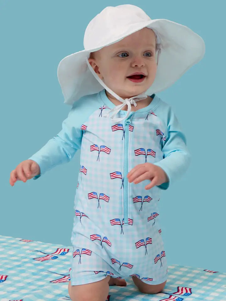Baby Boys Blue Patriotic Gingham Long Sleeve One Piece Rash Guard Swimsuit