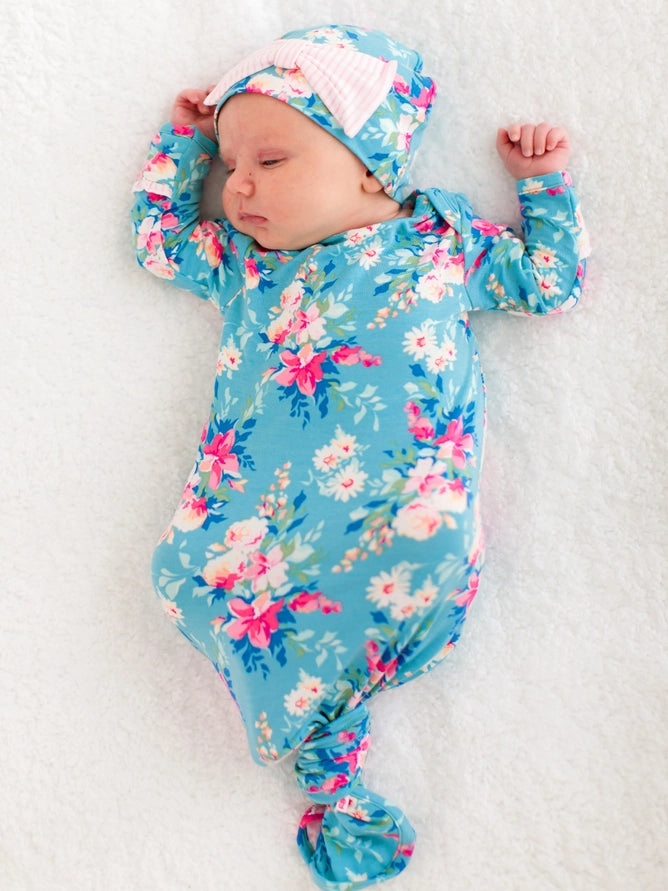 Ruffle Butts Softsnooze™ Baby Girls Bamboo Viscose Fancy Me Floral Ruffle Knotted Sleep Gown & Bow Hat Set