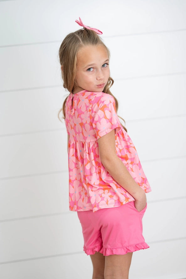 Oopise Daisy Kids Brynn Pink Floral Pocket Ruffle Spring Summer Short Set