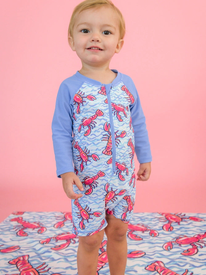 Rugged Butts Baby Boys Blue Lobster Lagoon Long Sleeve One Piece Rash Guard Swimsuit